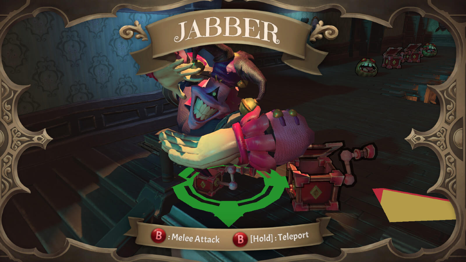 Character screen showing the jester named Jabber coming out of a music box