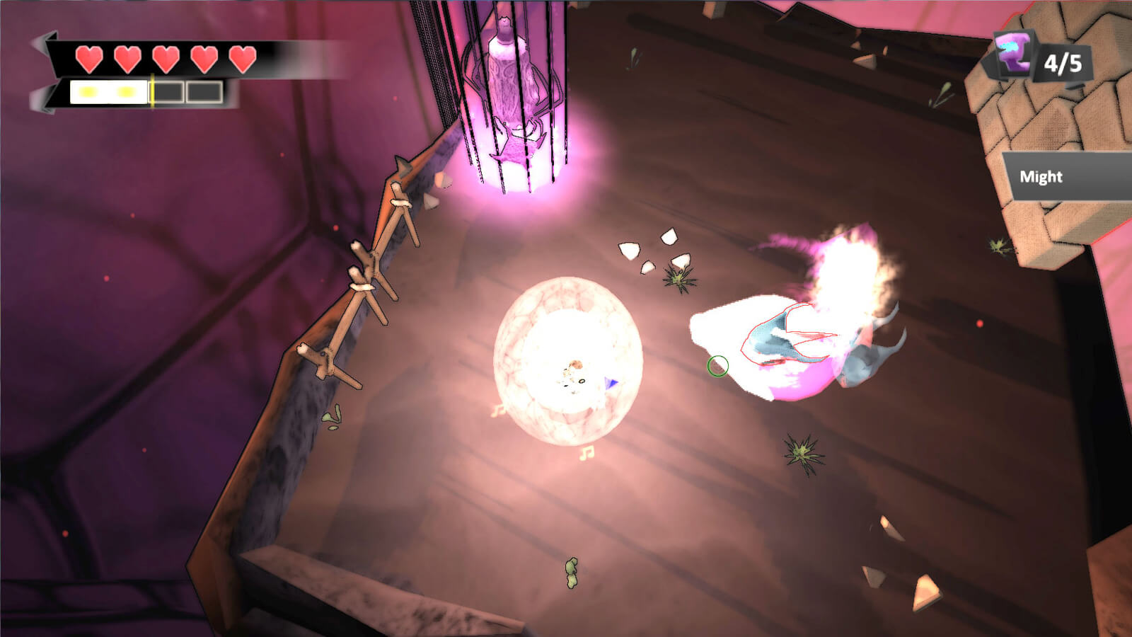 A glowing white sphere appears in the center of a floating platform. Two abstract glowing creatures stand nearby.