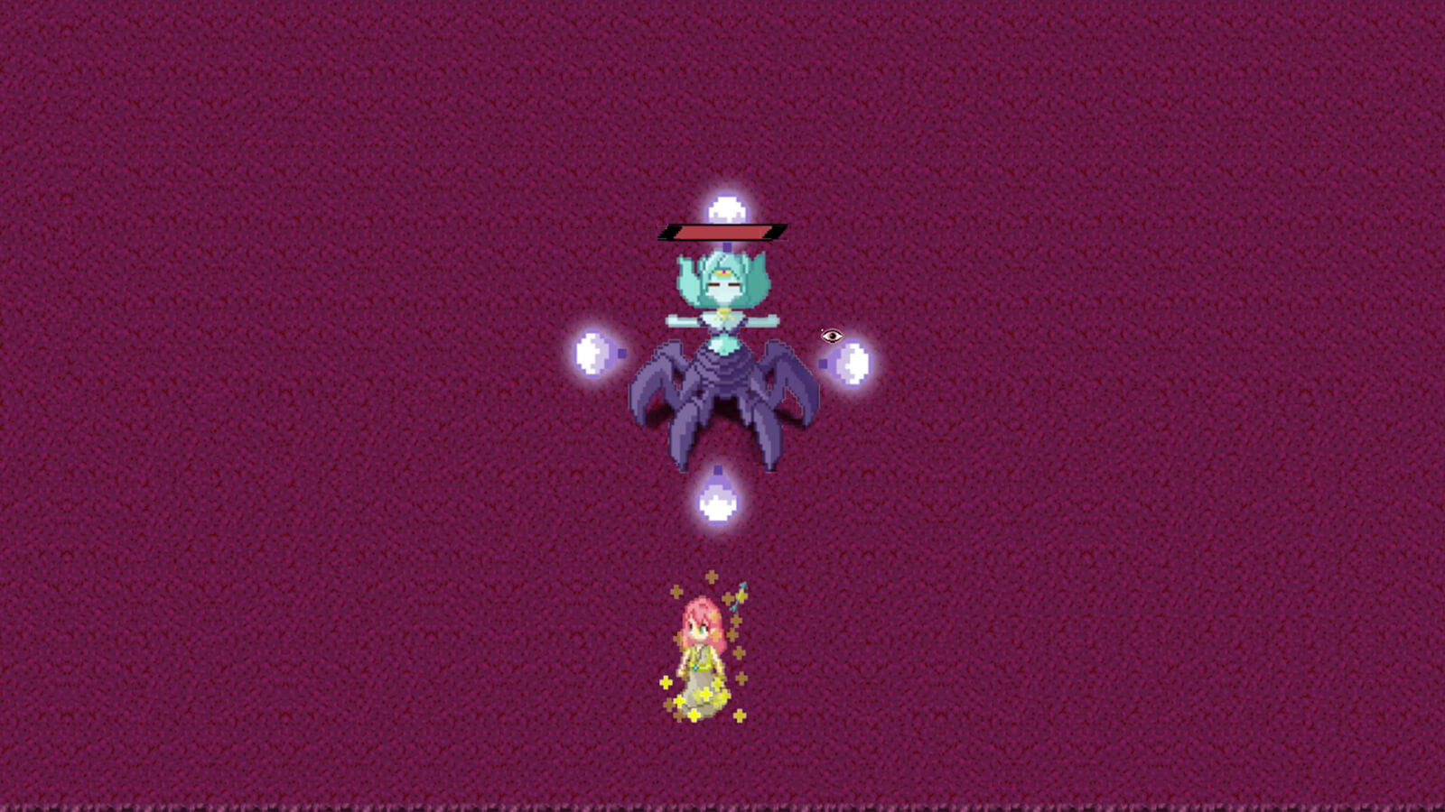 A turquoise-colored boss with six purple legs stands next to a smaller character with red hair