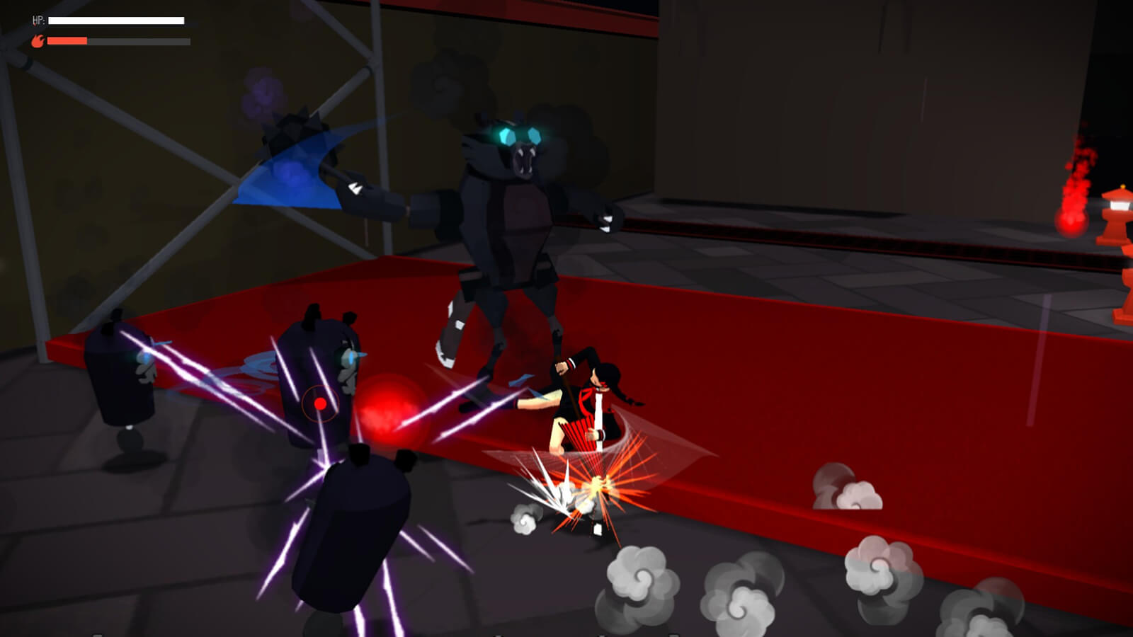 A girl in a red-and-black uniform kicks at blue-eyed robotic beasts of varying sizes in a dark hallway.