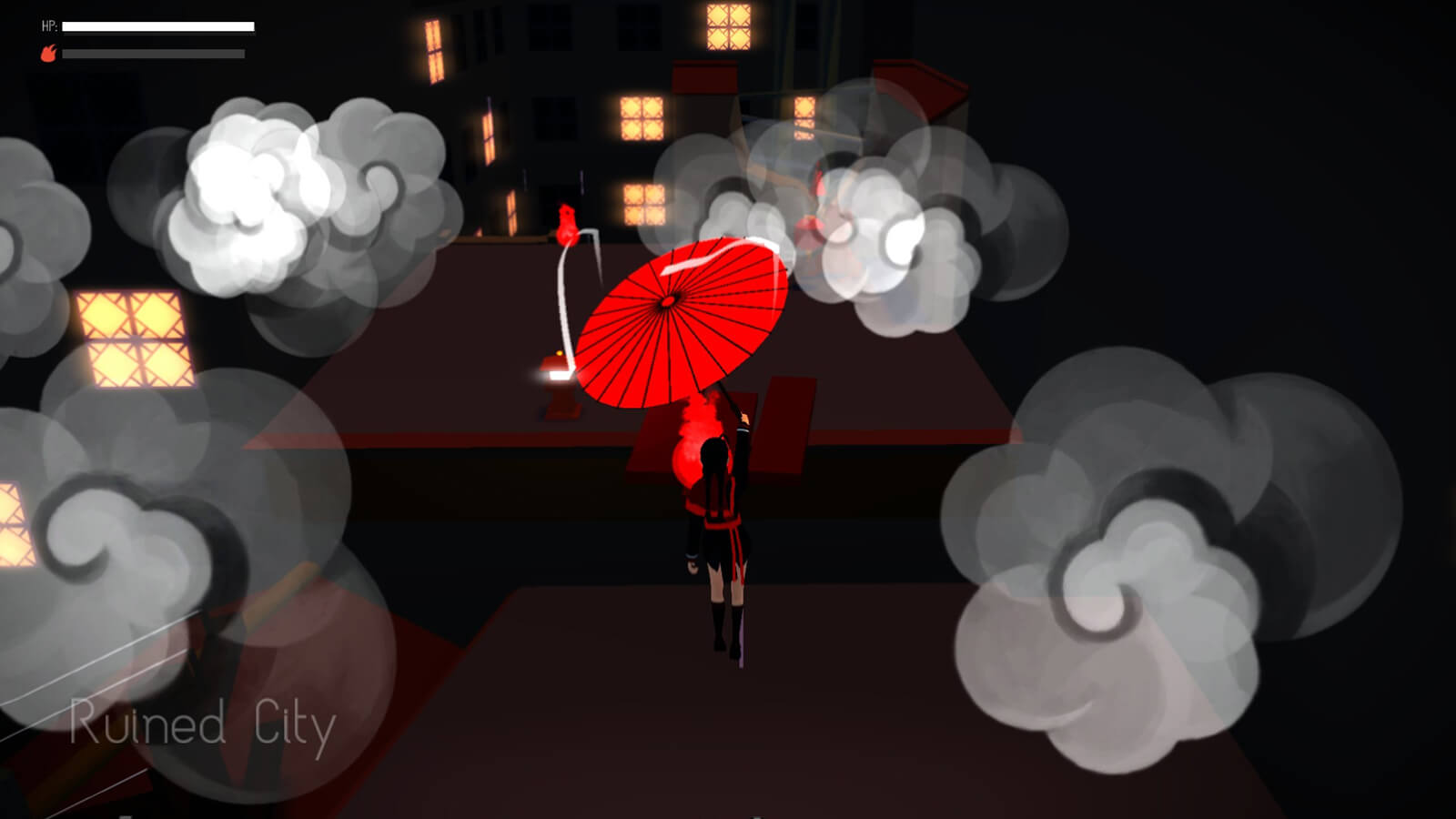 A girl in a red-and-black uniform held aloft by an open red umbrella, drifts in the air to a smoky apartment rooftop.