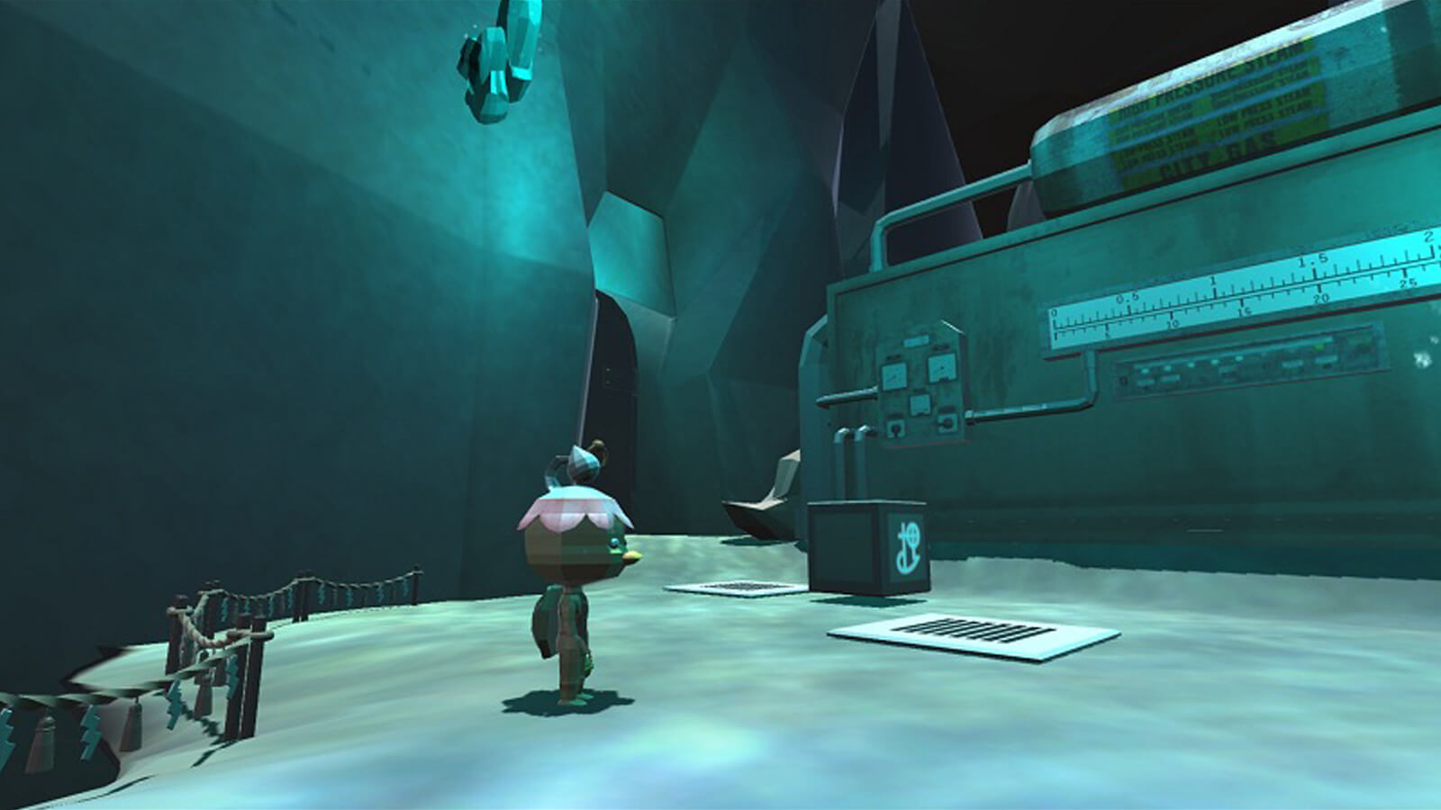 The kappa character stands in a dimly lit chamber with a large machine sitting nearby