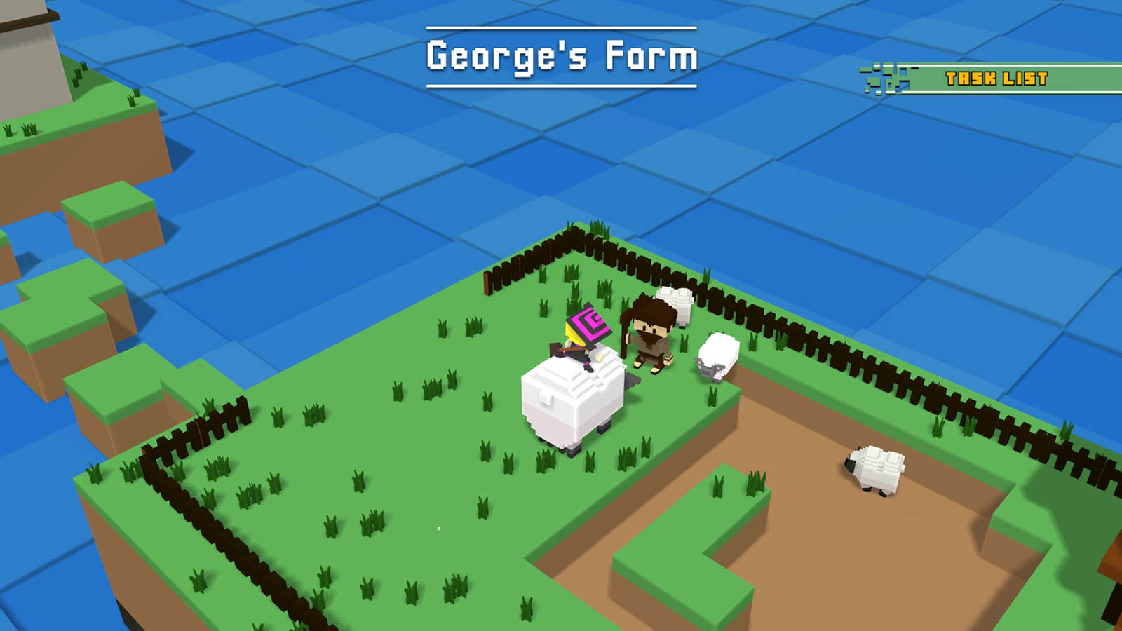 A witch character rides on top of a sheep on an island marked as "George's Farm"