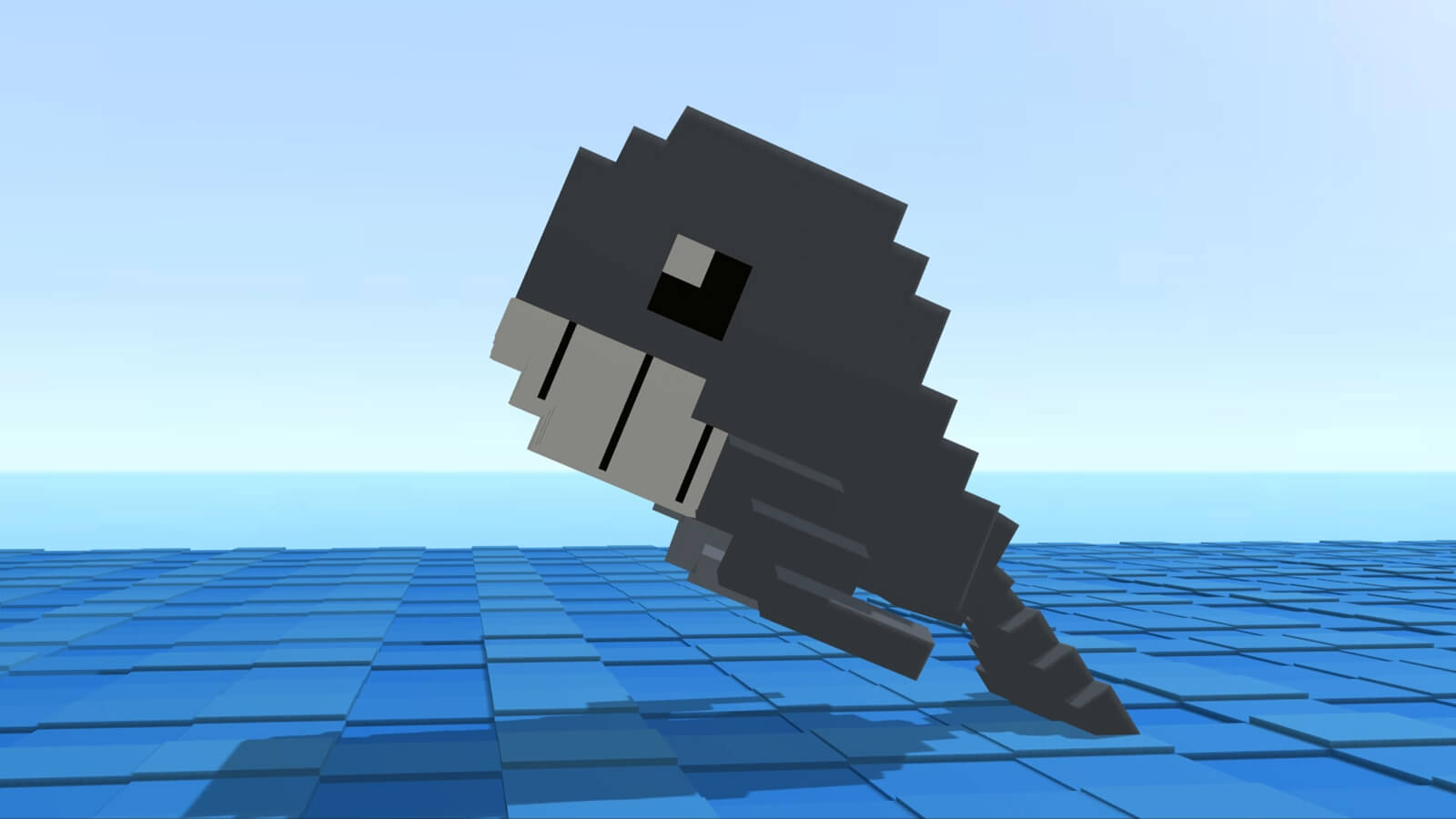 A blocky gray whale jumps out of the water.