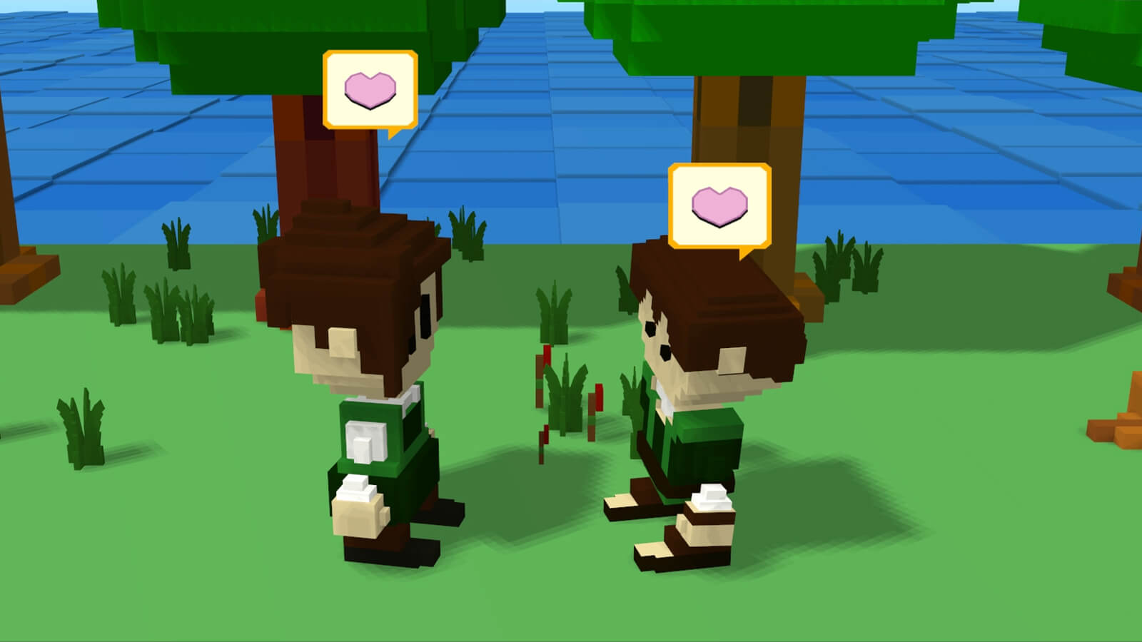 Two blocky villagers speak to each other with heart icons for speech bubbles.