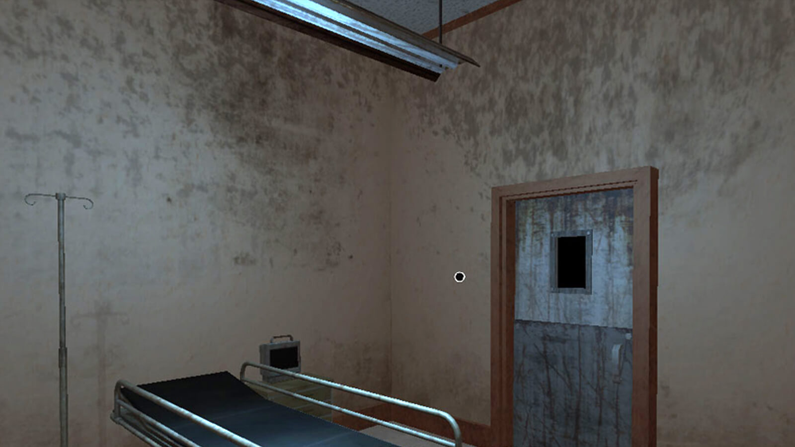 A dirty, bare hospital room with a gurney and naked lighting fixture above