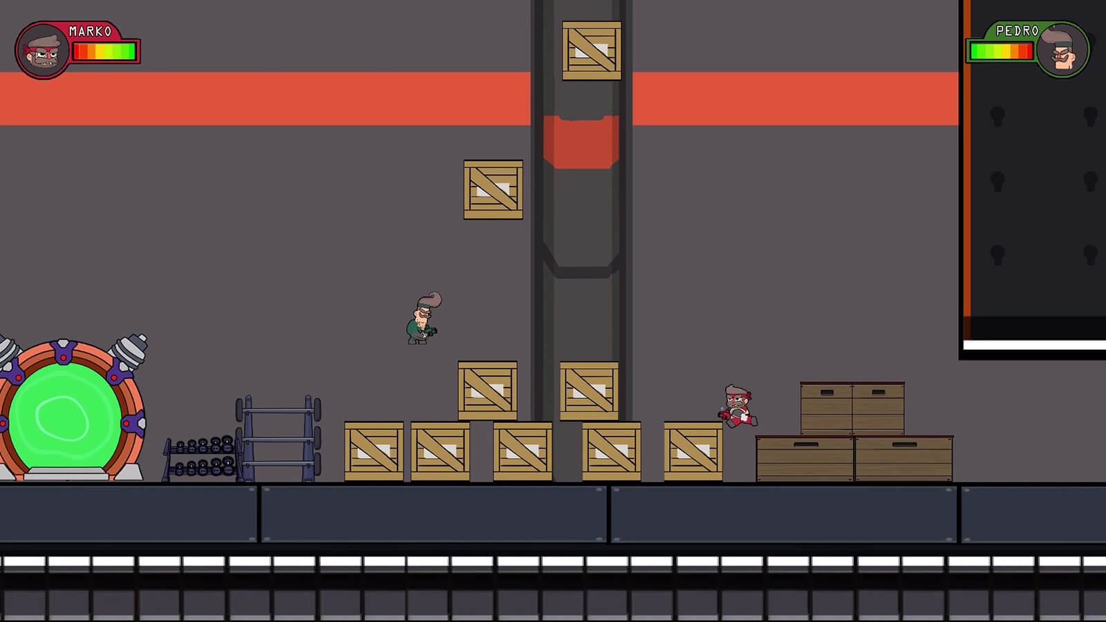 Two, 2D characters in red and green garb respectively jump around a gym environment while tossing wooden crates.