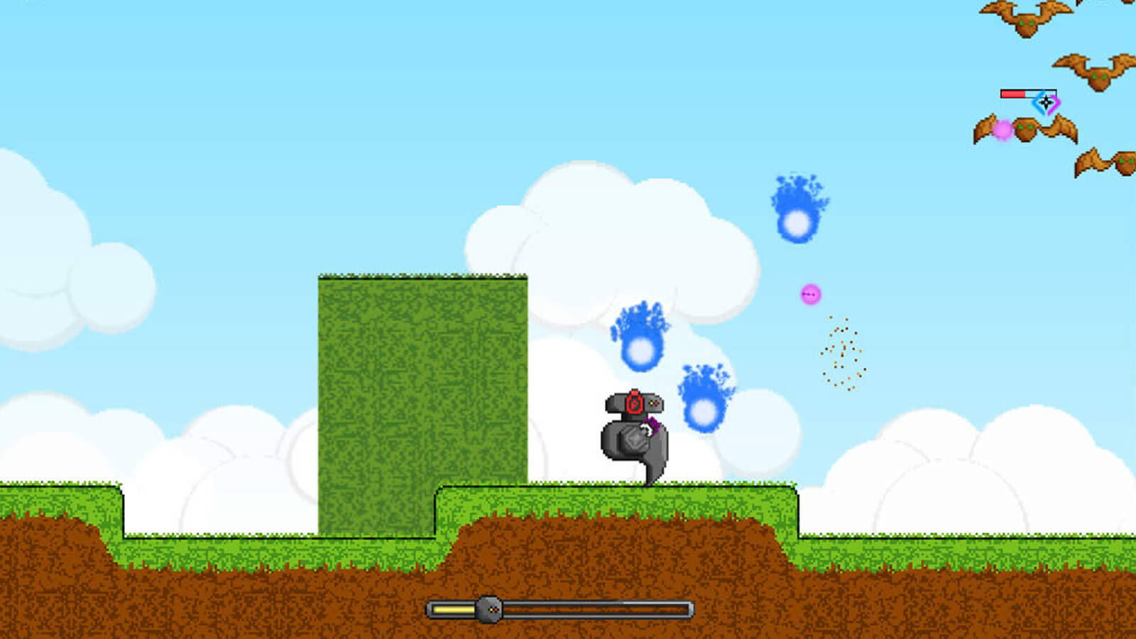 The player's robot character fires magenta bullets as enemy bats shoot back blue balls of fire