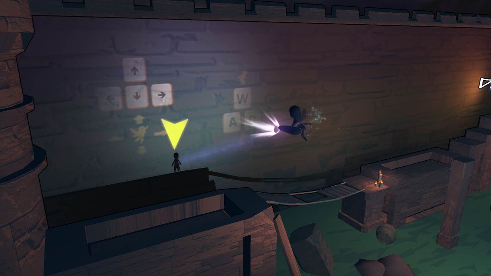 The player's fairy character is in the foreground shining a light illuminating the game's controls on the wall behind