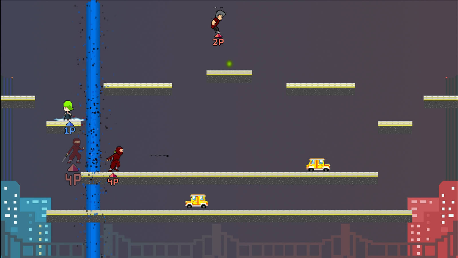 Four players jump around urban-style platforms on a level with a cityscape background