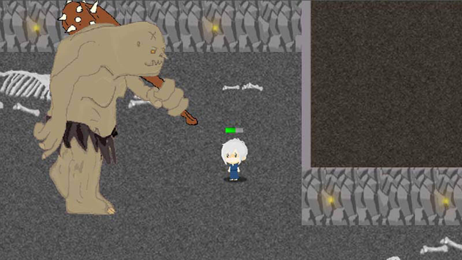 A large brown ogre carrying a spiked club stands next to the player's character in a torch-lit dungeon