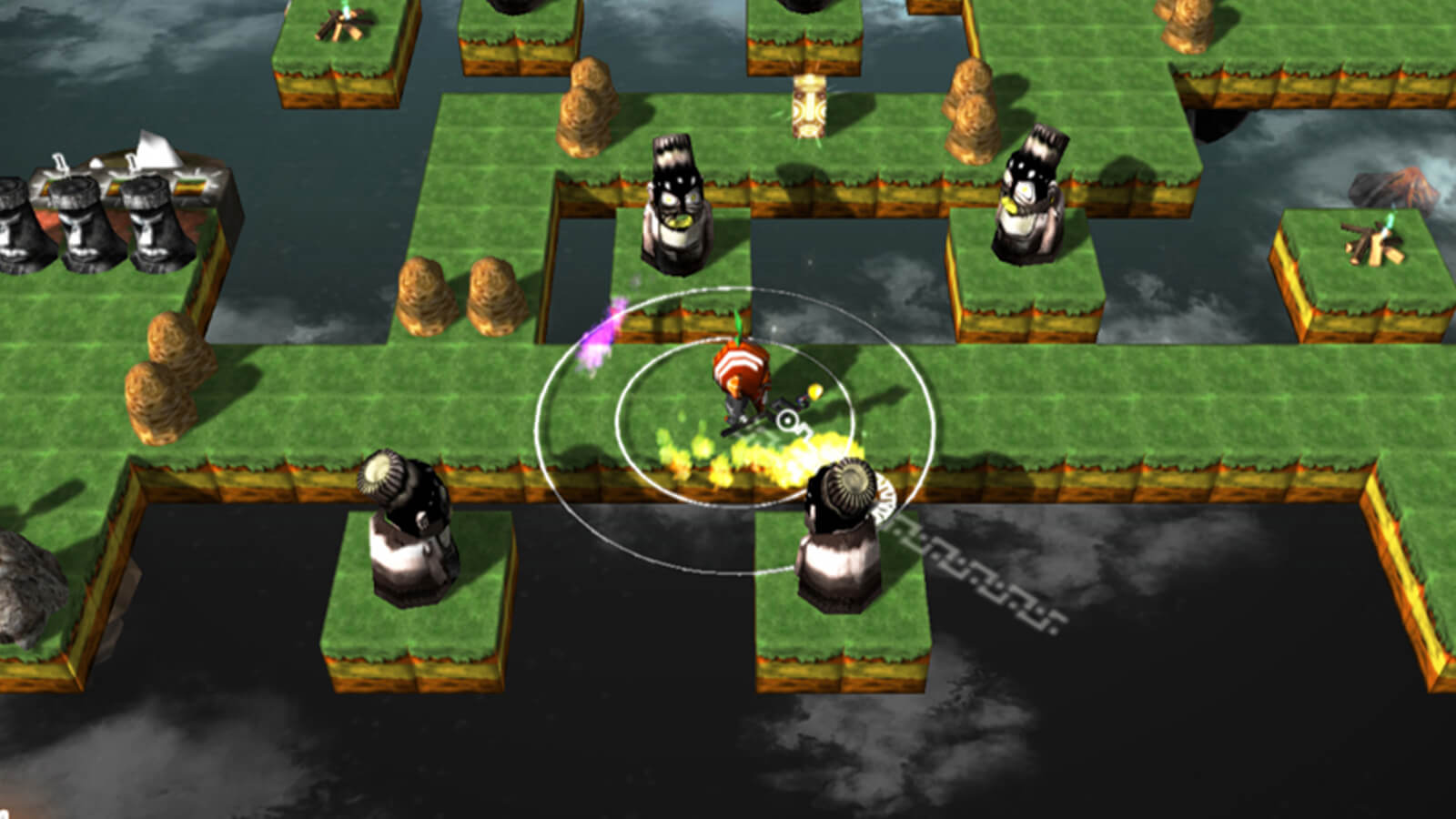 The player's character stands on a green grid platform floating in space as four black-and-white figures stare on.