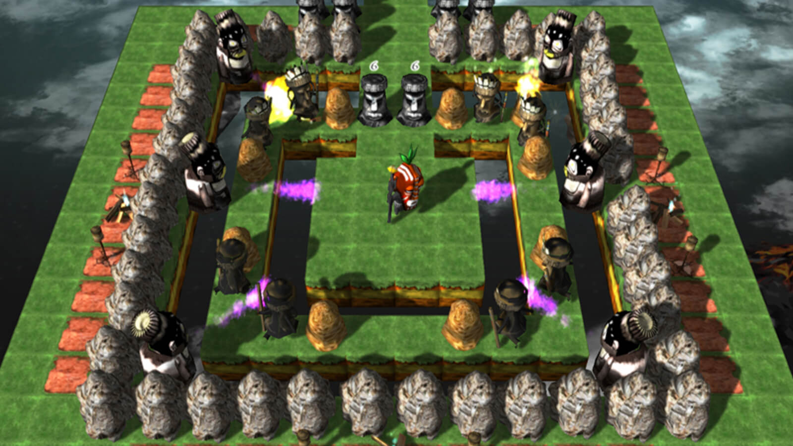 The player's character stands at the center of a green platform in the sky surrounded by rows of enemies