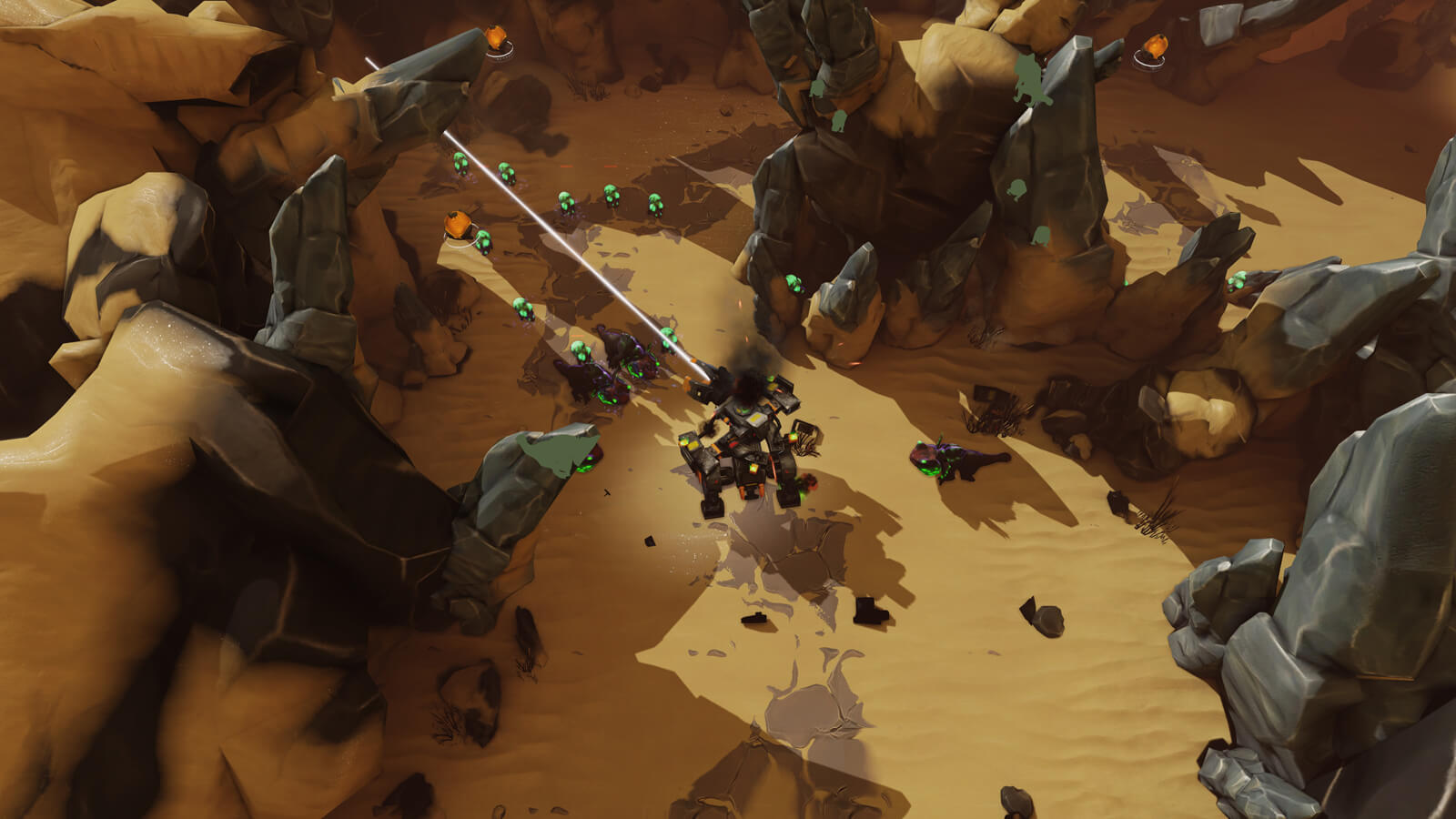 A battle mech shoots a laser at the enemies surrounding it in a desert canyon