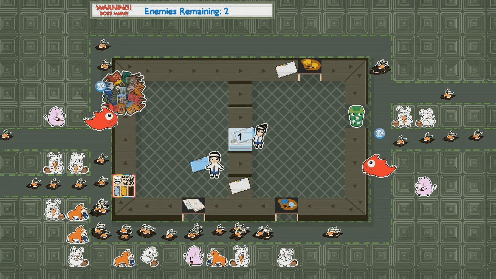 In a top-down view, a boy and girl are creating stickers surrounded by animal stickers and oncoming enemies.