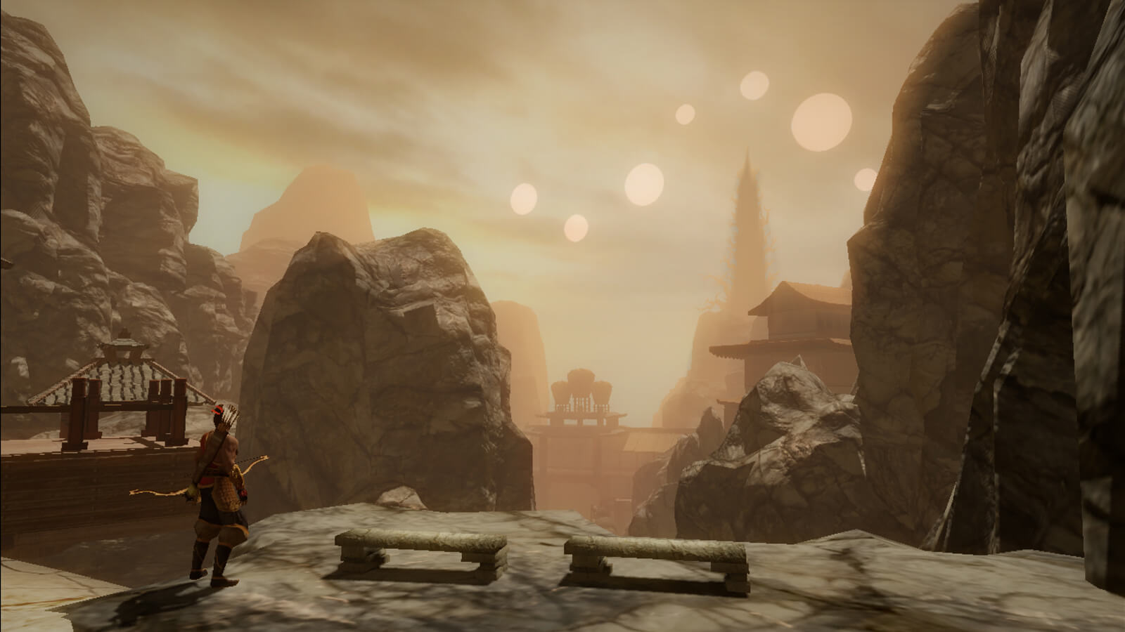 View of the player's character from behind in a mountainous village. Seven suns of varying sizes hang in a hazy sky.