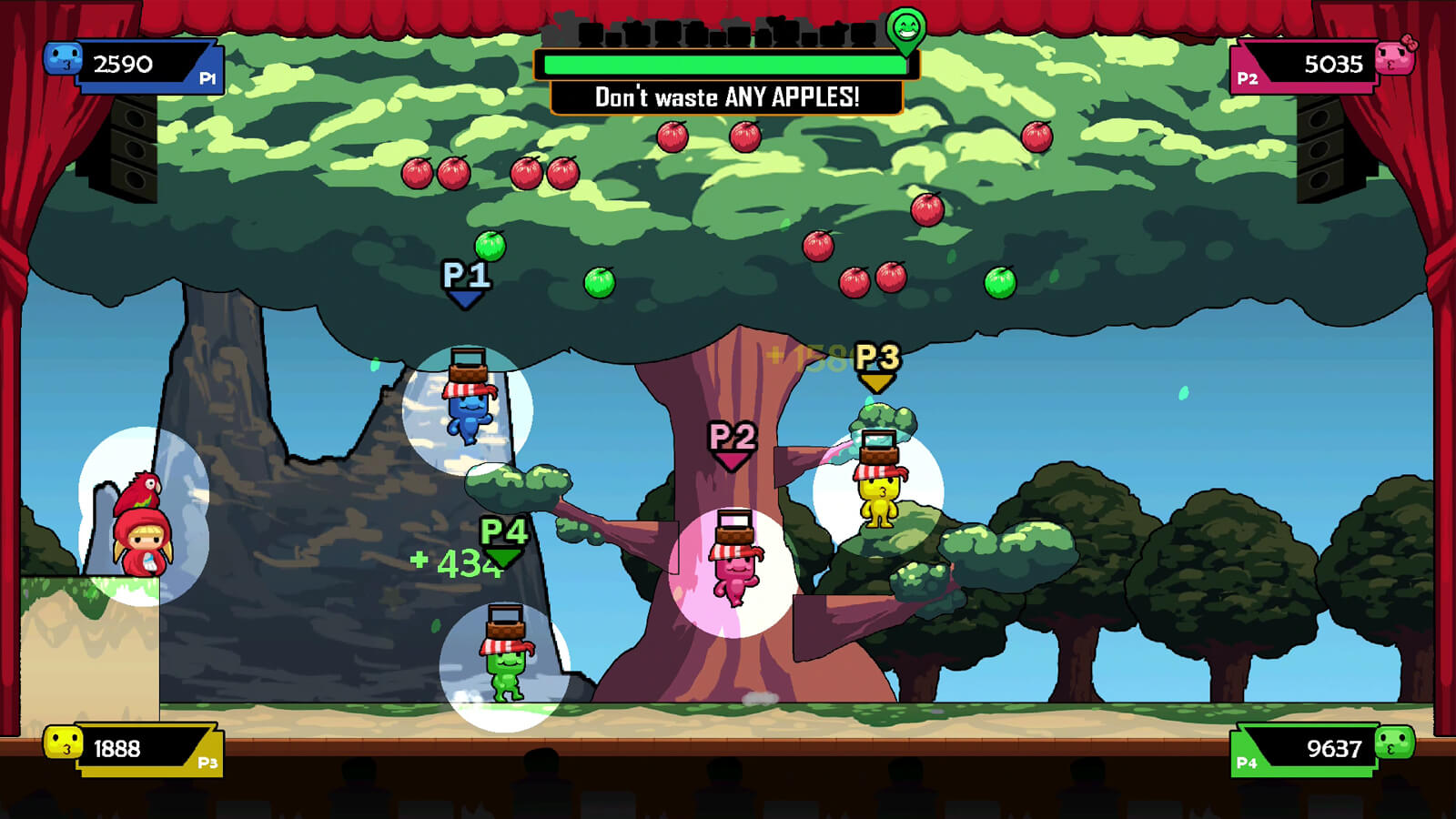 Four players of various colors jump around the stage under a large tree full of red and green apples