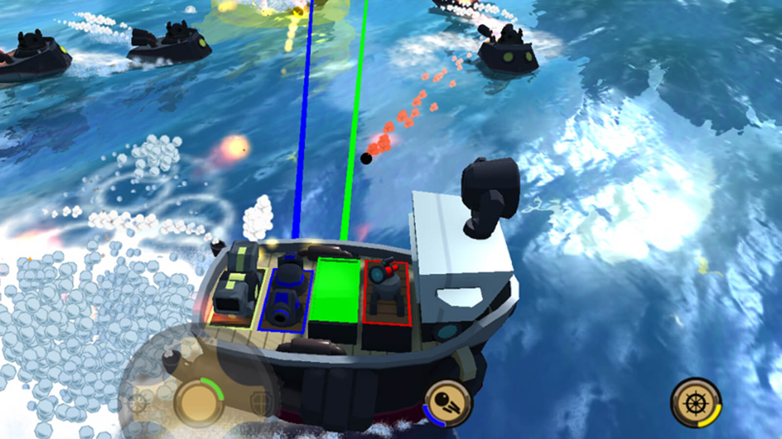 The green and blue players on fire lasers at enemies who are shooting cannon balls at the players' boat