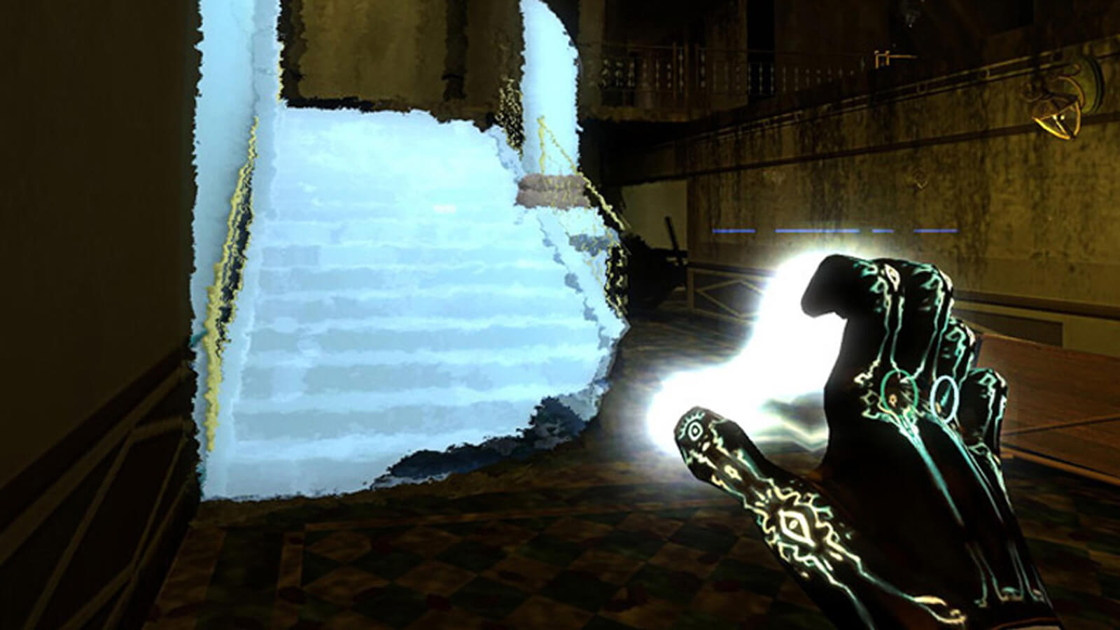 The player's hand is seen illuminated with runes as a shimmering image of a blue-white staircase appears in front