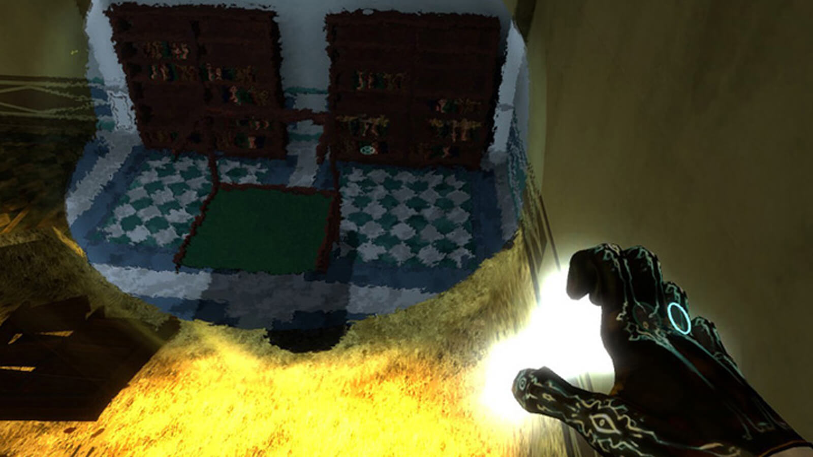 The player's hand is seen illuminated with runes as a shimmering image of shelving and a table appears