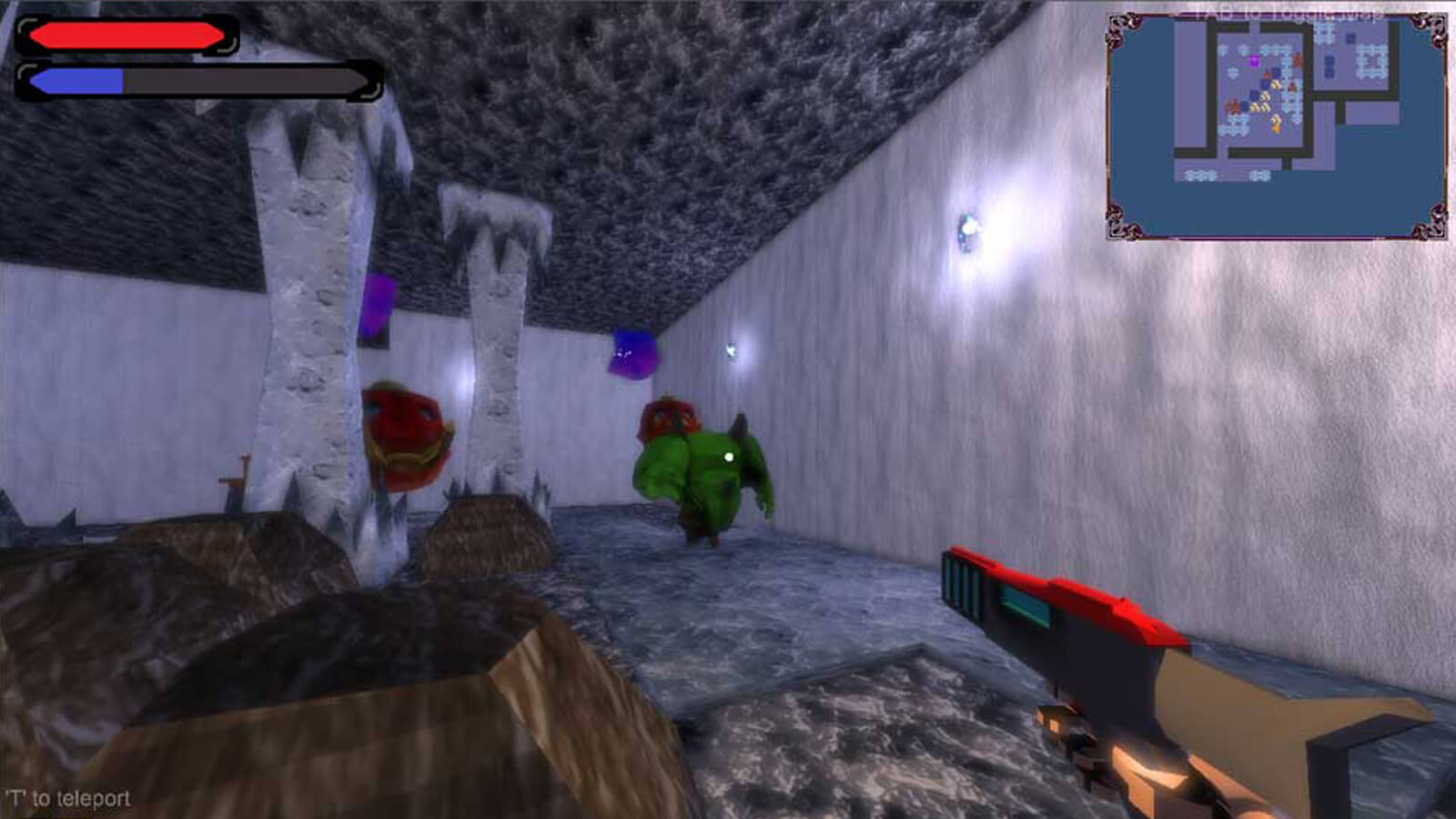 A gun is pointed toward a green ogre-like enemy from a first-person perspective in a rocky, underground environment