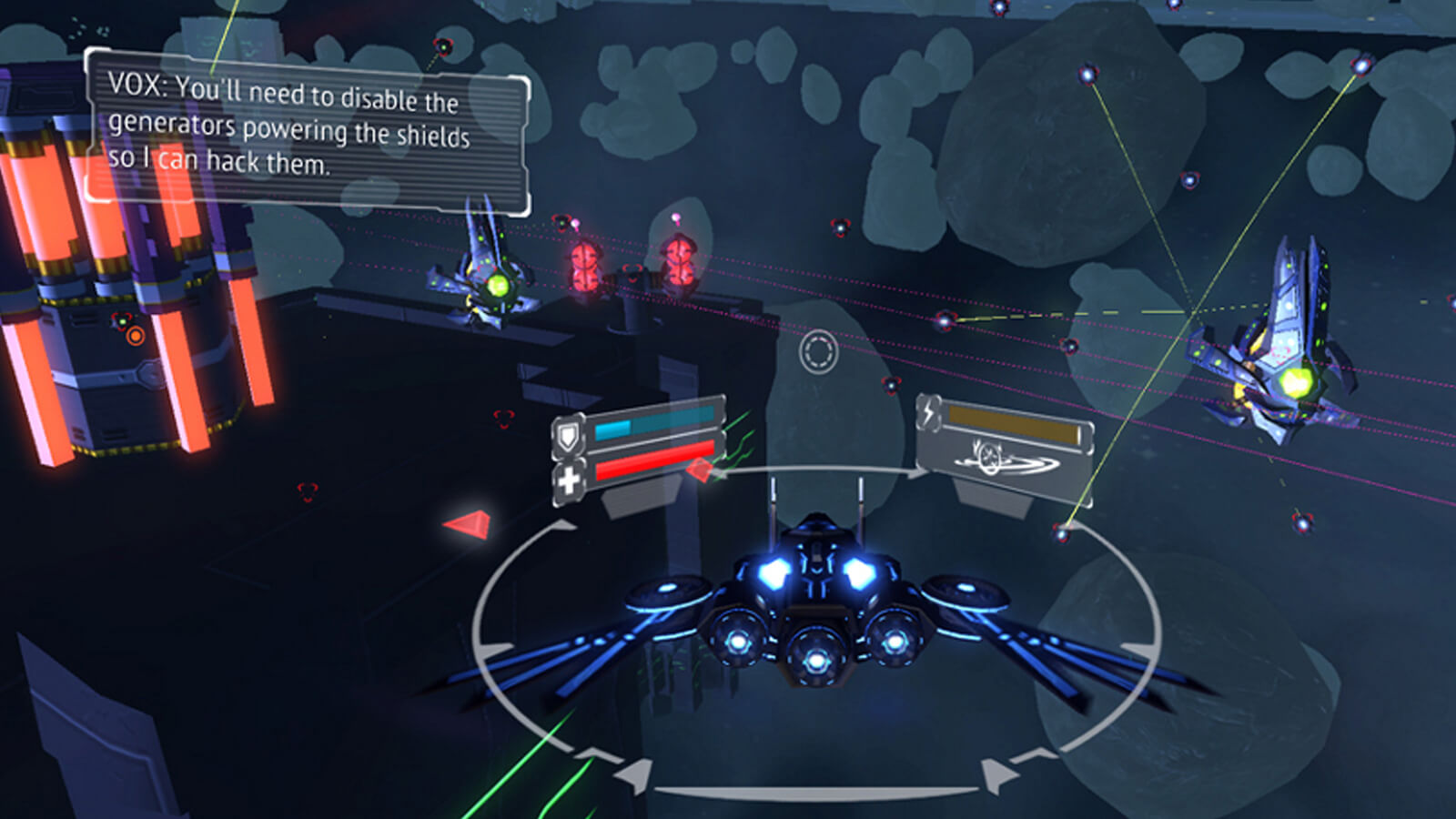View of the player's blue and black space ship from behind with two blue enemy ships approaching
