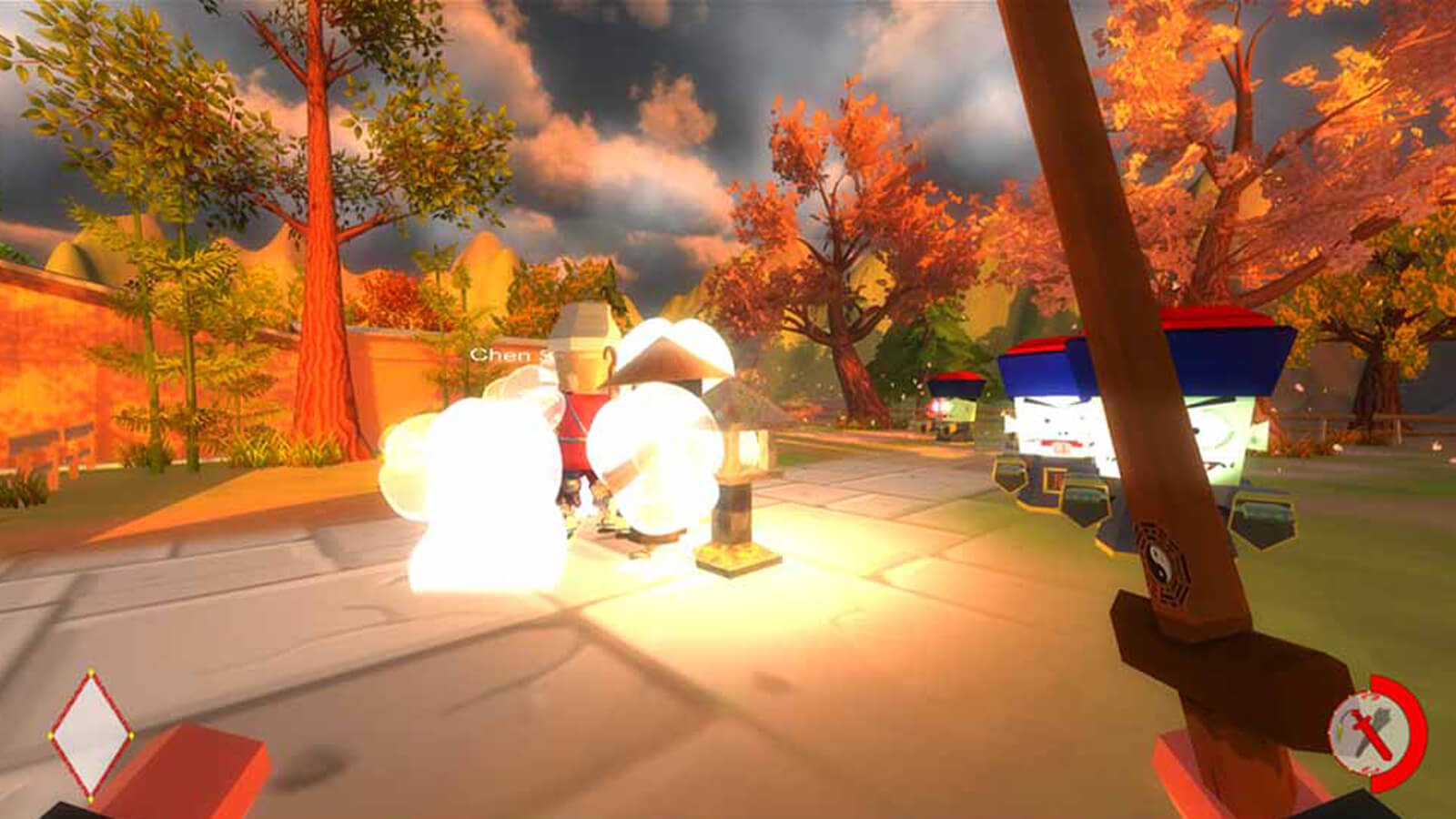Two zombies come at the player in a first person view. The player's sword is seen and an exploding enemy is on the left.