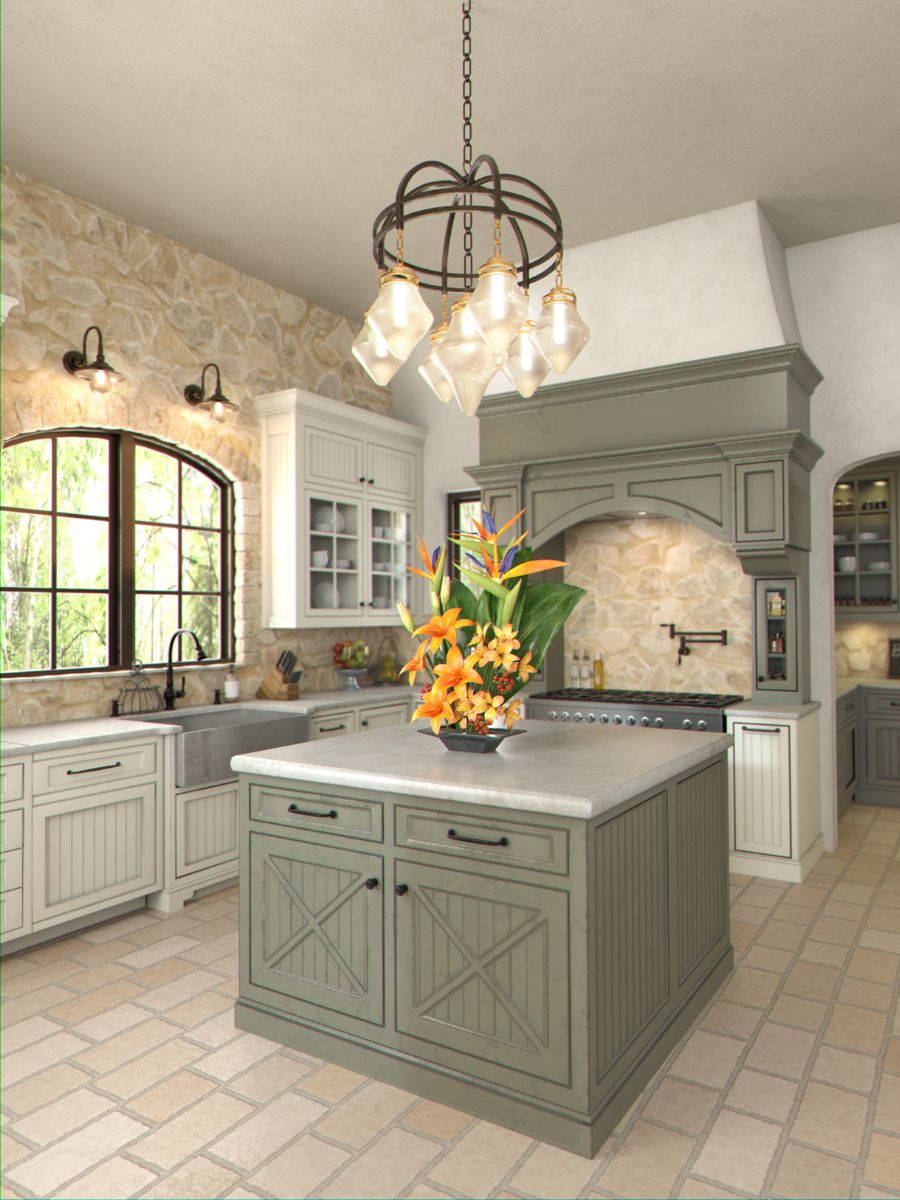 Digital render of an interior, country-style kitchen bathed in natural light.