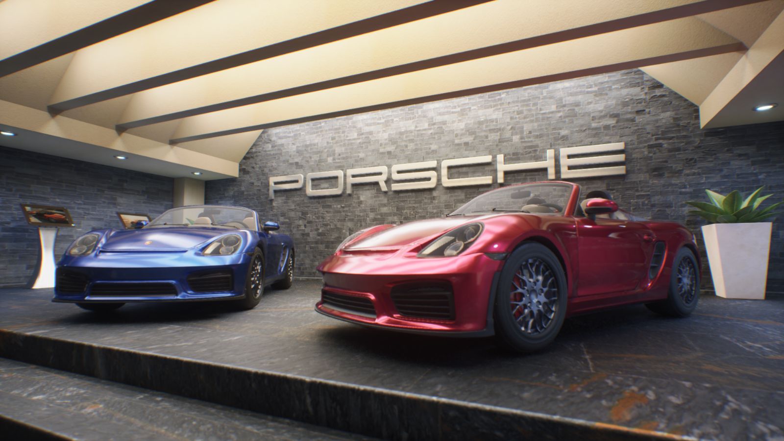 Digital render of two Porsche cars side-by-side in a showroom.